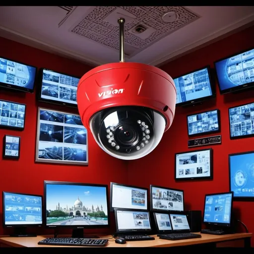 Prompt: Vision Tech Communications red dome cctv camera with cyber boards computer wallpaper background security systems alarm system