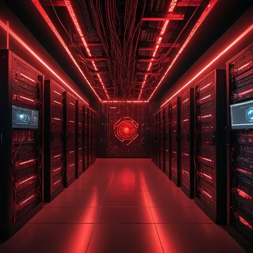 Prompt: large server room with red glow lights and circuit board walls and laser lines. Large "Vision Tech" logo Light on the wall. network cables everywhere. bullet security cameras mounted on the walls.