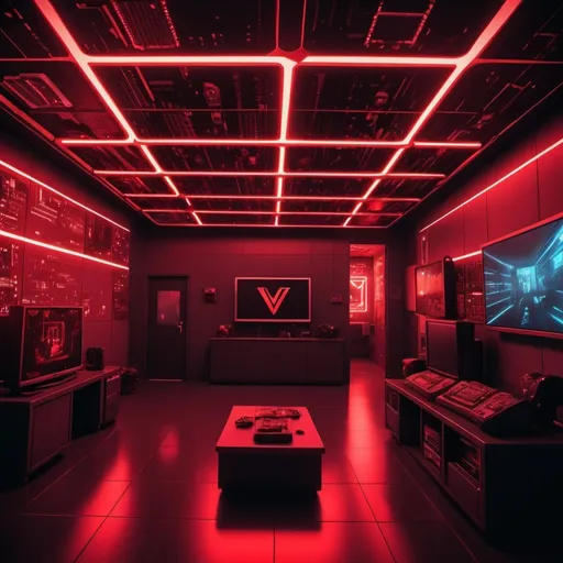 Prompt: room with red glow lights and TV alarm monitors, cctv cameras mounted on the ceiling and circuit board walls. Large "V" logo Light on the wall