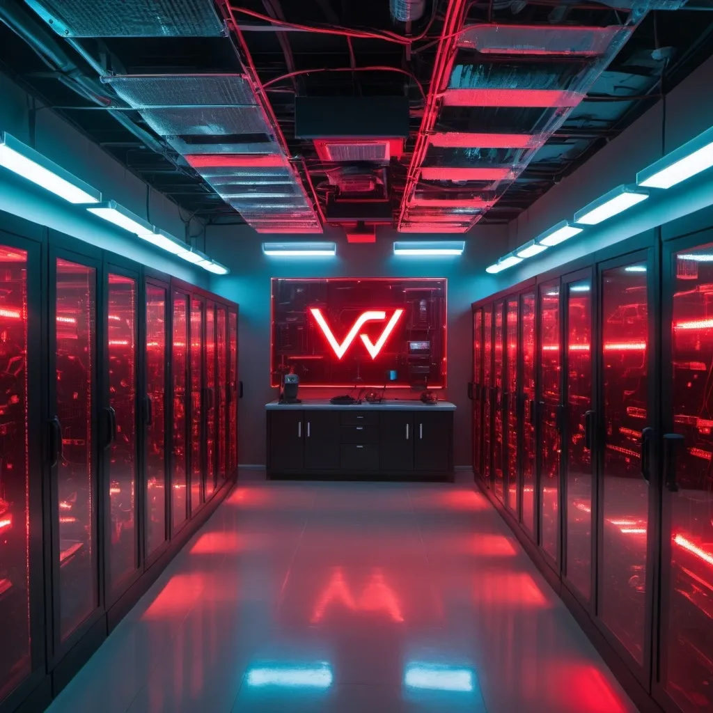 Prompt: large server room with red glow lights ,large cctv security cameras mounted in the room and circuit board walls and laser lines. Large "V" logo Light on the wall. network cables everywhere. bullet security cameras mounted on the walls. fish aquarium in the room.