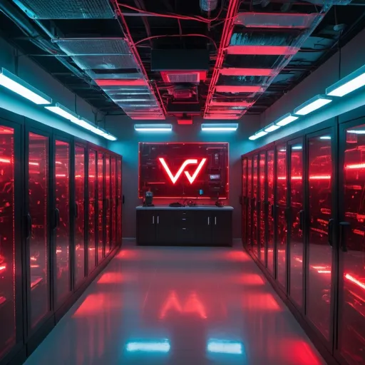 Prompt: large server room with red glow lights ,large cctv security cameras mounted in the room and circuit board walls and laser lines. Large "V" logo Light on the wall. network cables everywhere. bullet security cameras mounted on the walls. fish aquarium in the room.