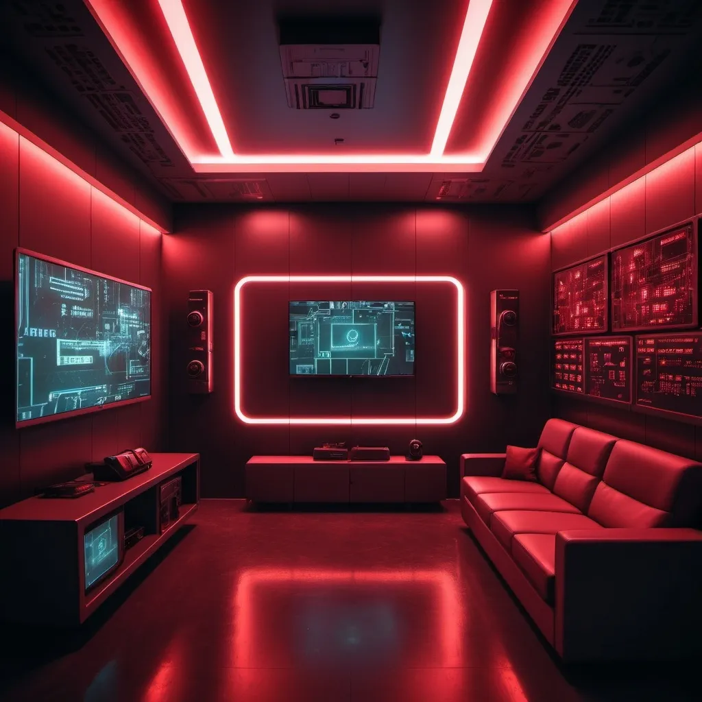 Prompt: room with red glow lights and TV alarm monitors, cctv cameras mounted on the ceiling and circuit board walls. V logo on the wall