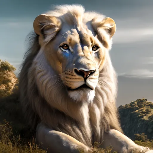 Prompt: Realistic illustration of a majestic white lion, detailed rock formation, African savanna backdrop, high quality, ultra-realistic, detailed fur, intense gaze, rocky terrain, wildlife, very high rock, safari, warm tones, professional, natural lighting, lion in distance, white lion