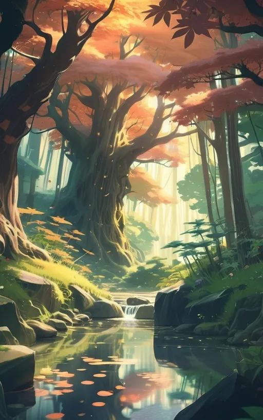 Prompt: {*Prompt 1:**
/imagine prompt: Viral anime nature wallpaper in 4K quality, in the style of digital illustration inspiced by Hayao Miyazaki, featuring a serene forest with towering ancient trees, dappled sunlight filtering through the leaves, a gentle stream flowing through the scene, and mystical creatures peeking from behind the foliage; vibrant and warm color temperature, cosmos lighting with stars twinkling in the sky, no human characters, the atmosphere is tranquil and enchanting -v 5 --stylize 1000