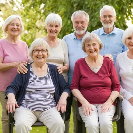 Prompt: A friendly group of women and men aged 60
