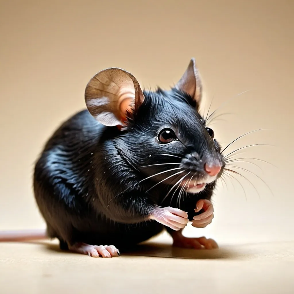 Prompt: A well-fed, full, comforted, black, clean mouse