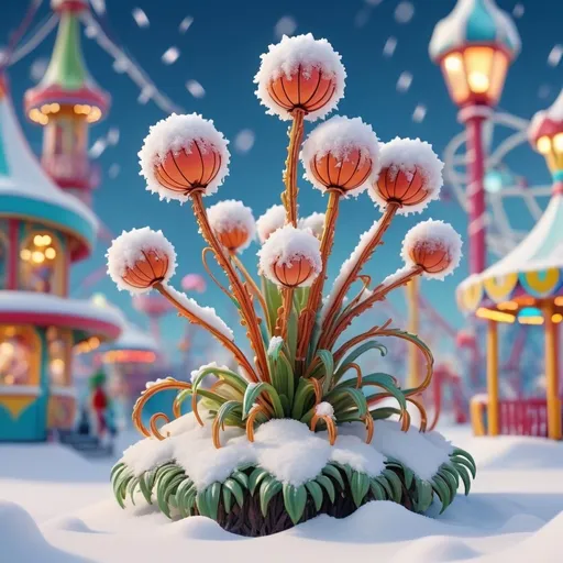 Prompt: (strange plant), whimsical toy-like features, set against a backdrop of a winter wonderland, snow gently falling, vibrant colors amidst the white landscape, amusement park elements scattered around, cozy ambiance, magical and surreal atmosphere, intricate details of the plant, glimmering lights reflecting in the snow, high quality, ultra-detailed, 4K resolution.