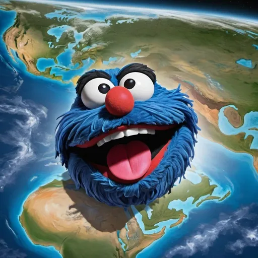 Prompt: Sesame Street's Grover's face superimposed on a detailed satellite image of the Earth, digital art, Grover's happy expression, realistic Earth texture, high quality, digital painting, vibrant colors, cheerful atmosphere, detailed facial features, smiling eyes, joyful, professional lighting
