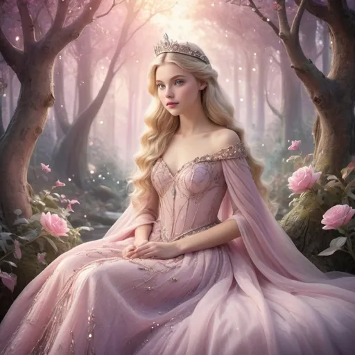 Prompt: (princess Aurora), (fairytale setting), enchanting forest with magical creatures, delicate and ethereal attire with shimmering details, soft pastel color palette with pinks and purples, warm and inviting ambiance, dreamlike lighting, intricately designed crown adorned with gems, high quality, ultra-detailed, whimsical atmosphere, ethereal and serene, blooming flowers in the background, finery of royal elegance.