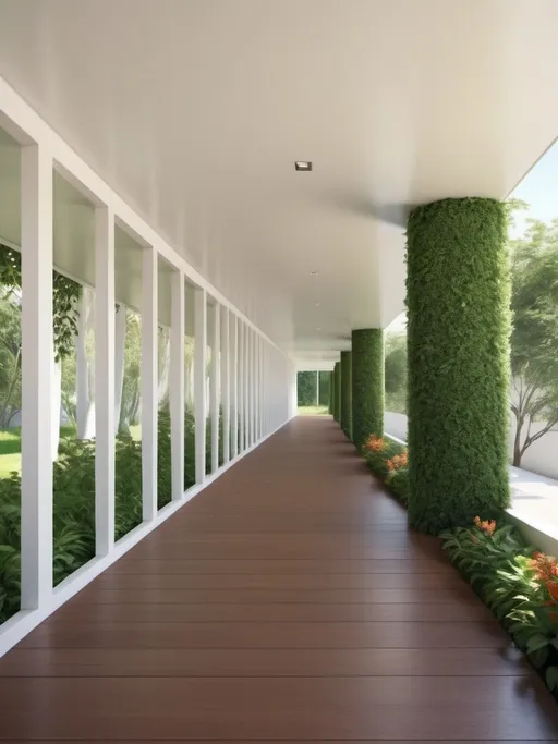 Prompt: Outdoor office hallway with white fence balustrades at the side

