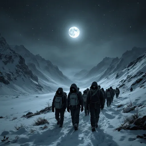Prompt: Dark, snowy visuals. Mysterious music. In the freezing mountains of Russia, nine hikers set out on a journey