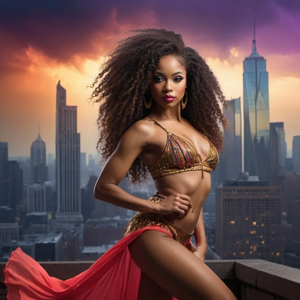 Prompt: ebook book cover for my book called city of dreams its about an African American exotic dancer with long curly hair 