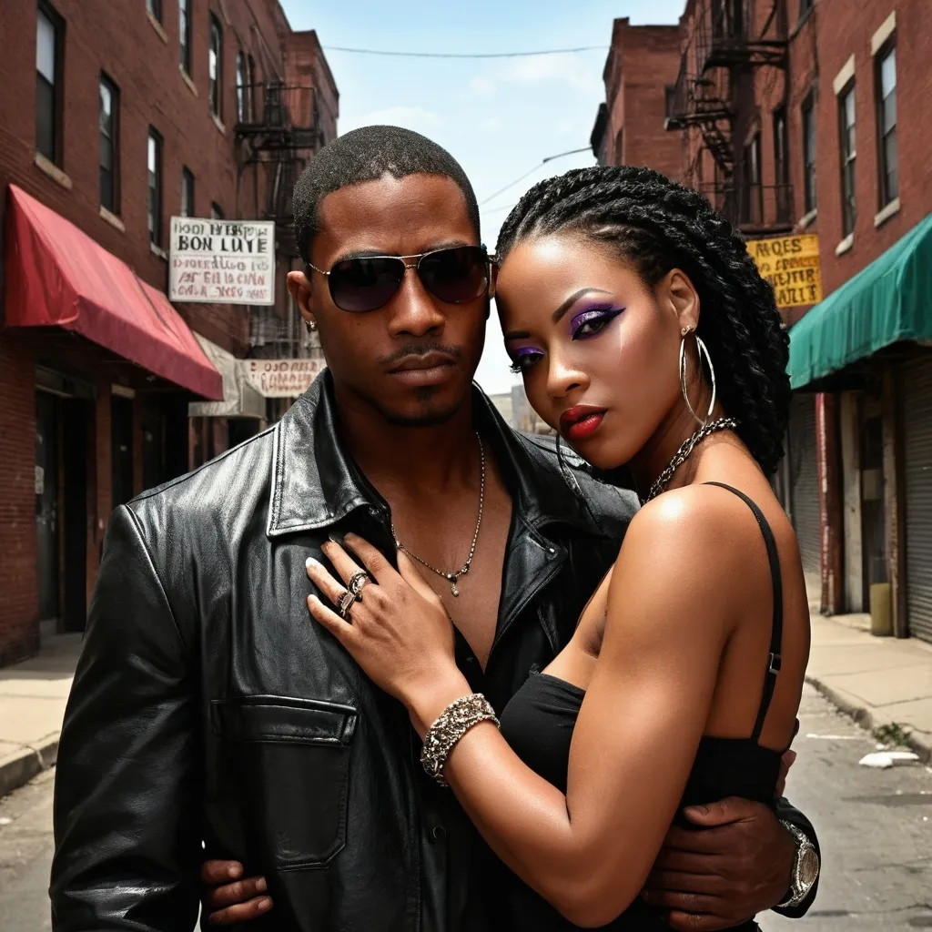 Prompt: adult images for an eBook called "Secrets of the City: A Tale of Love and Lust"  for a Zane or Urban book African American more street, gritty, thuggish, and gangster colorful a love story


