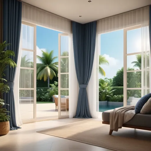 Prompt: Ultra-realistic wide window with false ceiling curtains, blowing with the breeze,  a view of tropical garden and houses in the back, detailed interior, high quality, photo realistic, hight contrast, extremely detailed, natural lighting, serene atmosphere, realistic textures, detailed fabric movement, professional, detailed interior, warm tones in nataaural colors and blues, peaceful ambiance, 4k, ultra-detailed, realistic, detailed curtains, realistic lighting