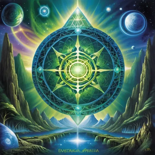 Prompt: (Cover image for EP album), EP title “Earth Resonance”, exploration of vibrational frequencies, connecting ancient-future different dimensions of galactic beings, blending ambient soundscapes with tribal rhythms, patterns and sacred geometry symbols, universal harmony, ethereal light effects, surreal abstract patterns, soft glows, blues and greens, mystical cosmic resonance, atmosphere of tranquility, multi-dimensional layers, blend of ancient and futuristic, HD, ultra-detailed, award-winning quality, highly immersive, vividly atmospheric, vibrant yet soothing.