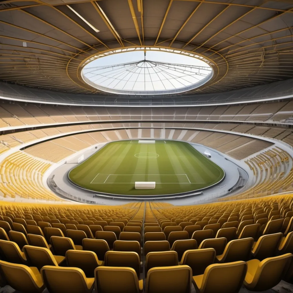 Prompt: show me a stadum with a octigon pitch with golden chairs