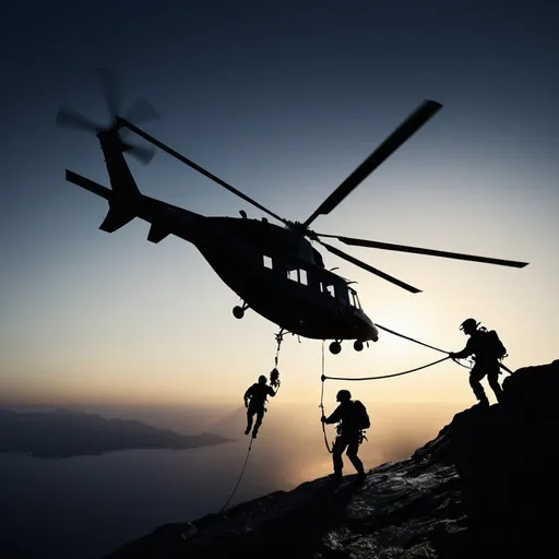 Prompt: Silhouette of rescue helicopter and rescuer repelling, photorealistic, dramatic lighting, detailed helicopter, intense action, professional, realistic shadows, high quality, detailed silhouette, realistic scenery, helicopter rescue, heroic, intense atmosphere, highres, dramatic, professional lighting