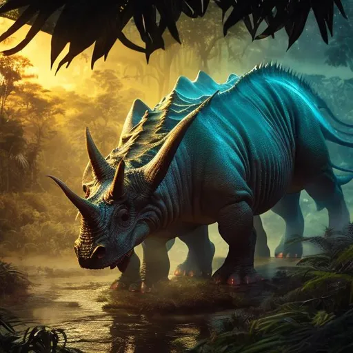 Prompt: A triceratops with rows of long sharp spines running down its back in its streamy jungle environment. photo quality, magic hour epic lighting, perfect focus, detailed, perfect contrast, balanced, intricate details, realistic, 3D.