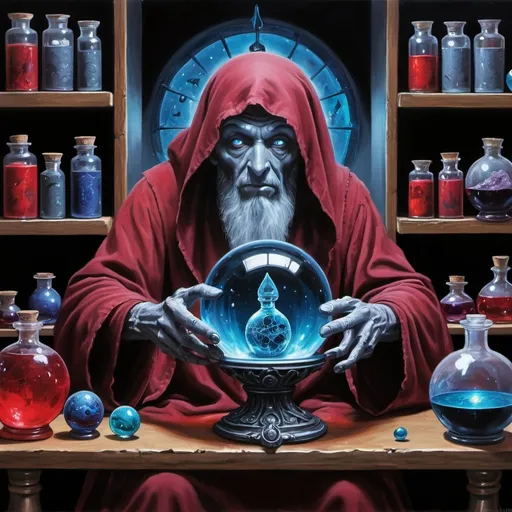 Prompt: A magic crystal ball lets an ancient human wizard contact a gray alien-demon. shelves of potions & inventions in the background, rich acrylic colors photo quality painting,  cosmic astral time theme, dark foreboding, shadowed, scary, blood red, dark gray, electric blues, metal.