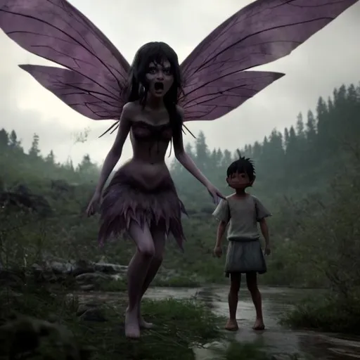 Prompt: an enraged fairy confronts a man walking near her village in the deep wilderness.