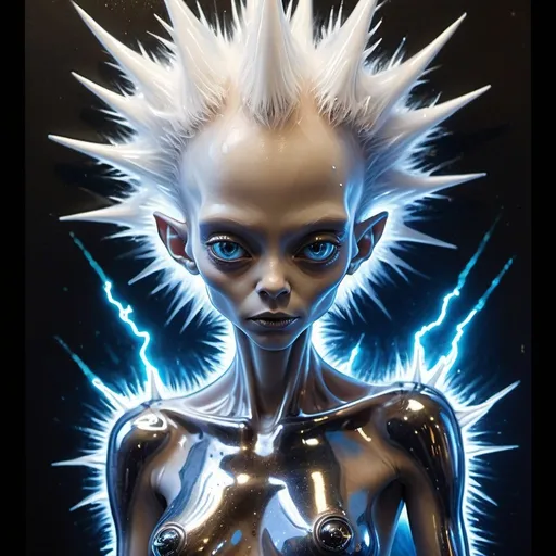 Prompt: A spiky haired beautiful humanoid alien in very bare, clear acrylic clothing with a cosmic time bubbles & space-storm lightning bolts background. Painting masterpiece super realistic, done in metallic spraypaint grafitti, transparent acrylic clothing, obsidian, iridescent, vermillion, electric blue, pearl white, disturbing & brilliant. Super beautiful alien female.