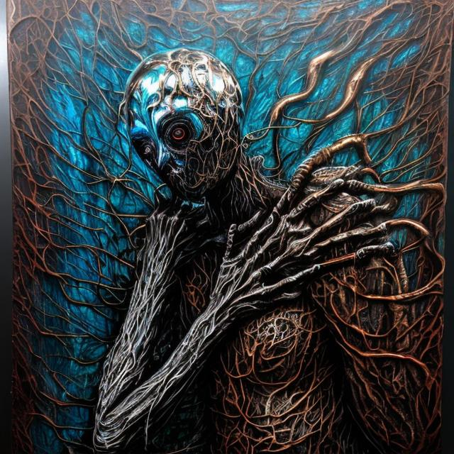 Prompt: "Scleroderma Torment" horror painting masterpiece done in metallic spraypaint grafitti, shiny acrylic, obsidian, except far more disturbing & brilliant.