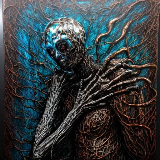 Prompt: "Scleroderma Torment" horror painting masterpiece done in metallic spraypaint grafitti, shiny acrylic, obsidian, except far more disturbing & brilliant.