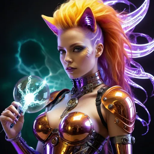 Prompt: An unbelievably gorgeous genetically enhanced cyborg super villain female wearing transparent clear acrylic armor, with a glowing cat-o-nine-tails, & a mohawk of interface chords,  standing in a background
that is a busy storm of iridescent amethyst colored & twining lightning bolts, & drifting reality-warping mirror-finish fractal-bubbles ranging from golfball to softball-sizes. Colorful image blood red & metallic banana yellow, chrome & iridescent, electric blue, copper, pearlescent white, royal purple, iridescent orange, dark green. Photo Quality, highly detailed, perfect magic hour lighting, many weapons & armor, interfaces, jets, gagets, an imposing figure, horrifying villain, 3D, steampunk, acrylic graffiti look in a photograph.