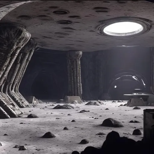 Prompt: The inside of a giant, ancient, abandoned alien base on the moon.