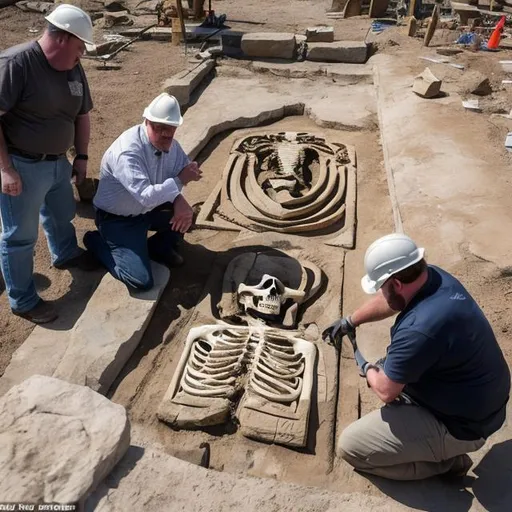 Prompt: archeologists pose for on-site photo while kneeling next to half uncovered skeleton of a 30 foot tall human