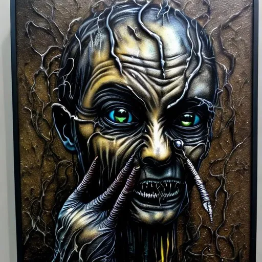 Prompt: "Scleroderma Dermafibrosis Torment" horror painting masterpiece done in metallic spraypaint grafitti, shiny acrylic, obsidian, except far more disturbing & brilliant.