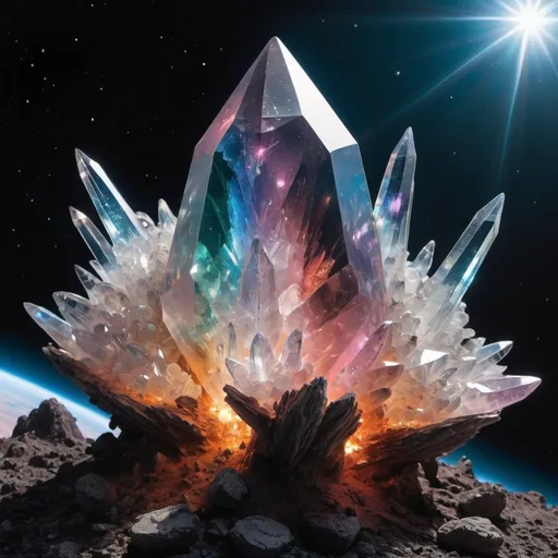 Prompt: Outside the viewport of an 0alien ship, sits a long-time burned out star that has become a mass of quartz crystals of every size & color imaginable. photo quality 