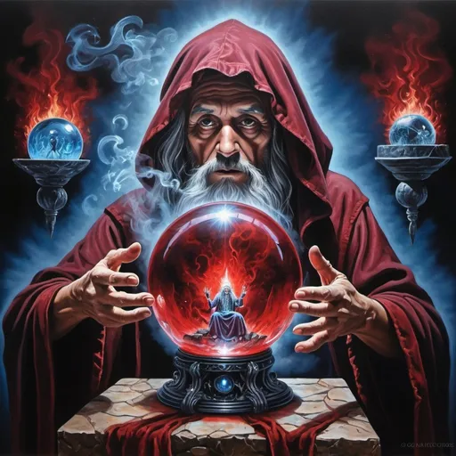 Prompt: A magic crystal ball lets an ancient human wizard watch a modern rock concert. smoke & magic, highly detailed, rich acrylic colors photo quality painting,  cosmic astral time theme, dark foreboding, shadowed, scary, blood red, dark gray, electric blues, metal.
