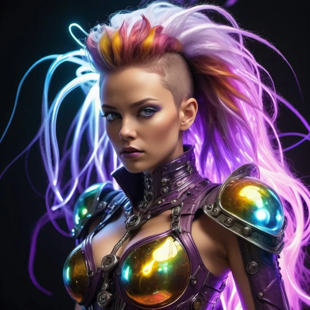 Prompt: An unbelievably gorgeous genetically enhanced cyborg super villain female with a glowing cat-o-nine-tails, & a mohawk of interface chords, wearing transparent acrylic armor, standing in a background i
that is a busy storm of iridescent amethyst colored & twining lightning bolts, & drifting reality-warping mirror-finish fractal-bubbles ranging from golfball to softball-sizes. Colorful image blood red & metallic banana yellow, chrome & iridescent, electric blue, copper, pearlescent white, royal purple, iridescent orange, dark green. Photo Quality, highly detailed, perfect magic hour lighting, many weapons & armor, interfaces, jets, gagets, an imposing figure, horrifying villain, 3D, steampunk, acrylic graffiti look in a photograph.