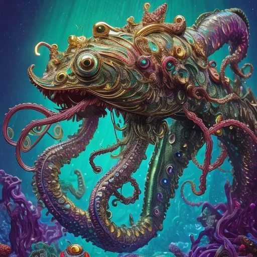 Prompt: Bejeweled sculpture of a sea monster with iridescent scales,  fins, eight whip-like stinging tentacles made of gold, & a lantern fish-like head with bioluminescent lure glowing on top, huge eyes, & gaping mouth full of long needle-teeth, & a mermaid-like body. high quality, epic bright lighting, perfect focus, detailedò details, realistic, 3D.