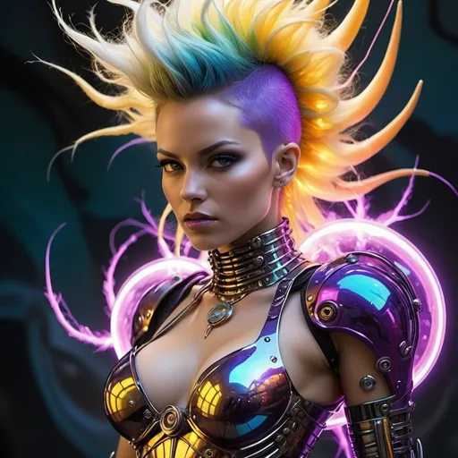Prompt: An unbelievably gorgeous genetically enhanced cyborg super villain female with a glowing cat-o-nine-tails, & a mohawk of interface chords, wearing transparent acrylic armor, standing in a background i
that is a busy storm of iridescent amethyst colored & twining lightning bolts, & drifting reality-warping mirror-finish fractal-bubbles ranging from golfball to softball-sizes. Colorful image blood red & metallic banana yellow, chrome & iridescent, electric blue, copper, pearlescent white, royal purple, iridescent orange, dark green. Photo Quality, highly detailed, perfect magic hour lighting, many weapons & armor, interfaces, jets, gagets, an imposing figure, horrifying villain, 3D, steampunk, acrylic graffiti look in a photograph.