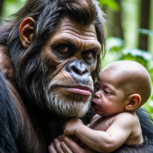 Prompt: A mother sasquatch with only light facial hair feeding her single hairless newborn infant. the mothers face has an almost human look with hooded-nose & only light facial hair. intricate details, HDR, beautifully shot, hyperrealistic, sharp focus, 64 megapixels, perfect composition, high contrast, cinematic, atmospheric, moody Professional photography, bokeh, natural lighting, canon lens, shot on dslr 64 megapixels sharp focusalmost human look with hooded nose & only light hair. intricate details, HDR, beautifully shot, hyperrealistic, sharp focus, 64 megapixels, perfect composition, high contrast, cinematic, atmospheric, moody mothers face has an almost human look with hooded-nose & only light facial hair