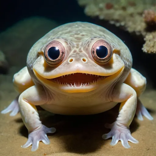 Prompt: a species of previously unknown sea amphibian that sits on the bottom looking like a smooth, round rock with wide pearlike eyes & a huge mouth.