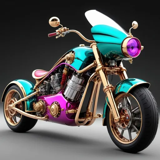 Prompt: An humanoid AI upper torso & head instead of handlebars is the auto-driver of a steampunk ultra modern electric chopper motorcyle. Bright acrylic teal, blood red, hot pink, royal purple, gold, mirror reflective chrome, copper, brass, clear acrylic, hyperrealistic, cool unique design, polished aluminum, unique design electric motorcycle.