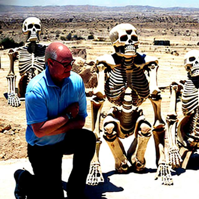 Prompt: Two modern archeologists kneeling next to two half-uncovered giant humanoid skeletons from an ancient burial. Photo quality