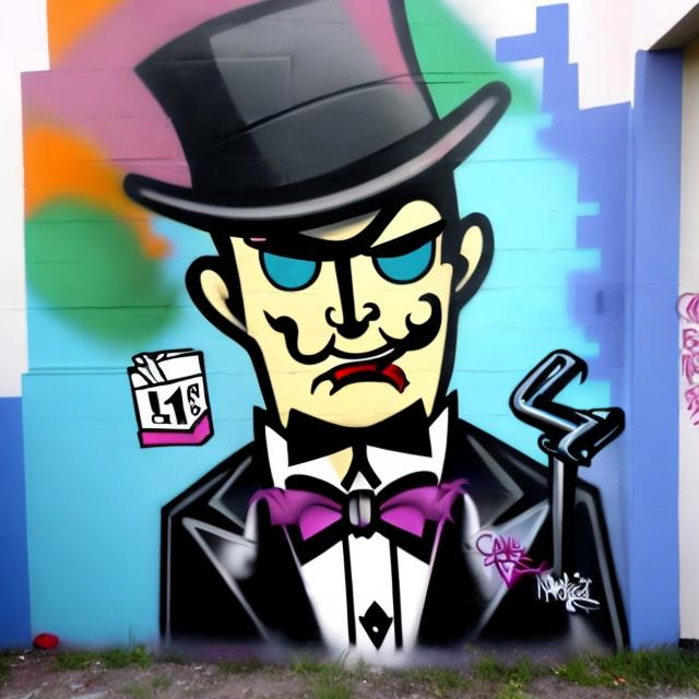 Prompt: Beautiful graffiti mural painting of the vampire gangster Monopoly Man. street art, bright glossy deep colors, perfect art with a street/gangsta dark tone.