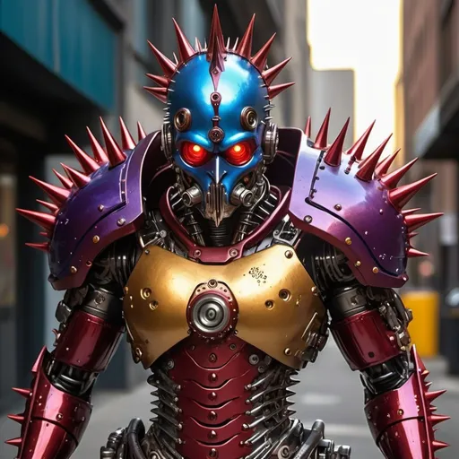 Prompt: The spikey protein CoVid virus as an evil humanoid cyborg super villain colored blood red & metallic yellow, chrome & iridescent, electric blue, copper, pearlescent white, royal purple, dark green. Photo Quality, highly detailed, perfect magic hour lighting, many weapons & armor, interfaces, jets, gagets, an imposing figure, horrifying villain, 3D, steampunk, acrylic graffiti look in a photograph.