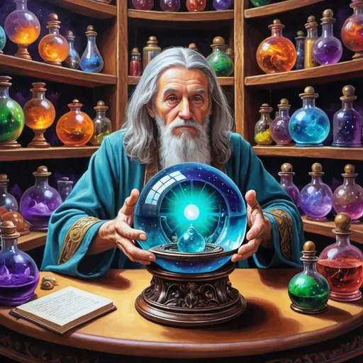 Prompt: A magic crystal ball shows an ancient human wizard a future alien invasion. shelves of potions & inventions in the background, rich acrylic colors photo quality painting,  cosmic astral time theme.