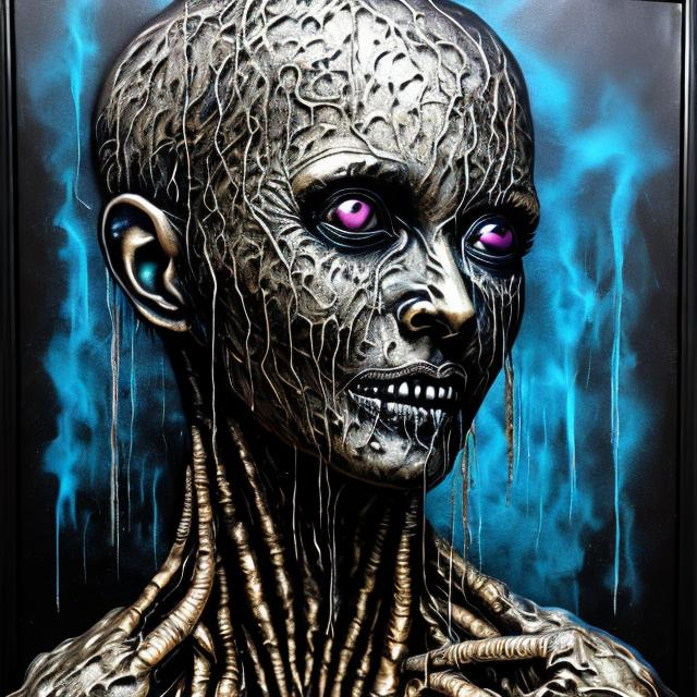 Prompt: "Scleroderma Dermafibrosis Torment" horror painting masterpiece done in metallic spraypaint grafitti, shiny acrylic, obsidian, except far more disturbing & brilliant.