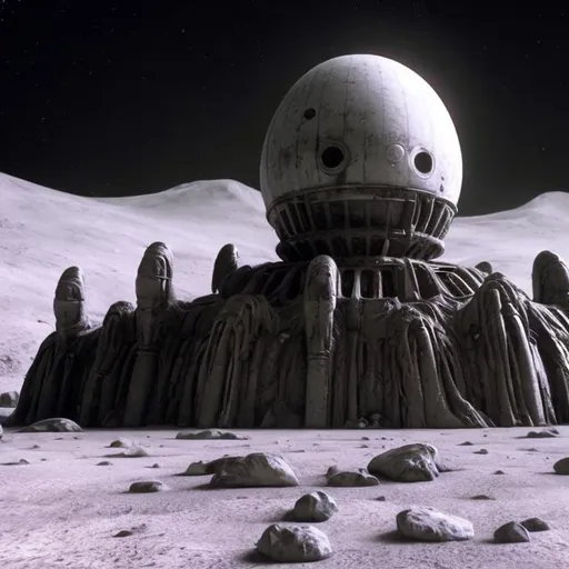 Prompt: The outside of a giant, ancient, abandoned alien base on the moon.