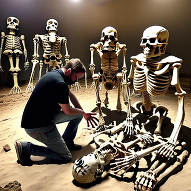 Prompt: Two modern archeologists kneeling next to two half-uncovered giant humanoid skeletons from an ancient burial. Photo quality