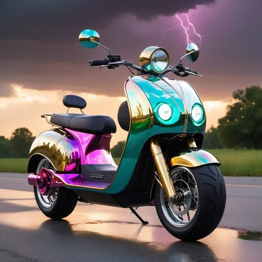 Prompt: An AI head & torso autodriver on a raked out, all mirror reflective chrome steampunk ultramodern fat-tire electric scooter with neon accents. Bright acrylic iridescent  & dark purple storm clouds, with hot pink & metallic green lightning design on the scooter, pearlescent white & obsidian black, teal, blood red, hot pink, gold,  copper, brass, clear acrylic, hyperrealistic, cool unique design, polished aluminum, unique design electric motorcycle. Perfect 3D photo, golden hour under storm clouds perfect lighting.