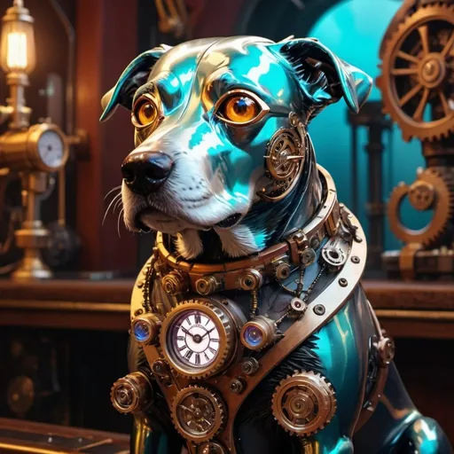 Prompt: The coolest, most expensive NFT ever to exist, & featuring a metallic dog. steampunk Hyperrealistic, splash art, concept art, mid shot, intricately detailed, color depth, dramatic, side light, colorful background