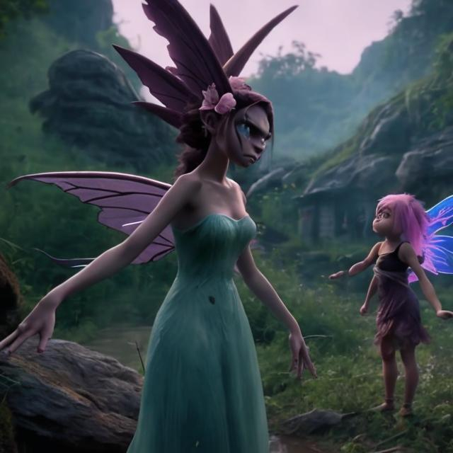 Prompt: an enraged fairy confronts a man walking near her village in the deep wilderness.