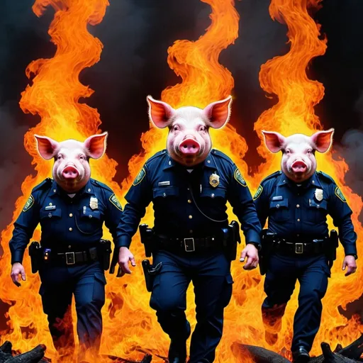 Prompt: Psychedelic demonic pig-police officers surrounded by burning flames & smoke.